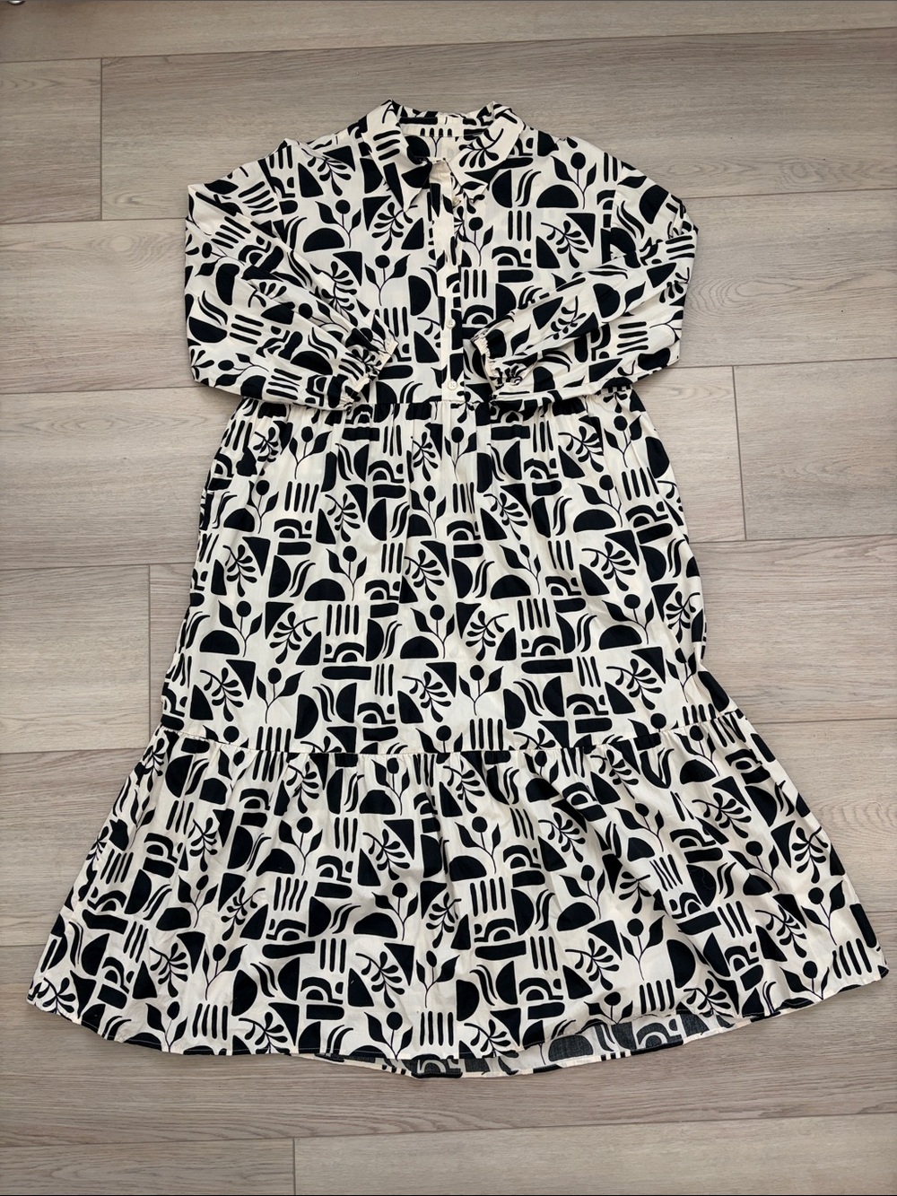 Maeve Black & White Printed Tiered Button-Front Dress